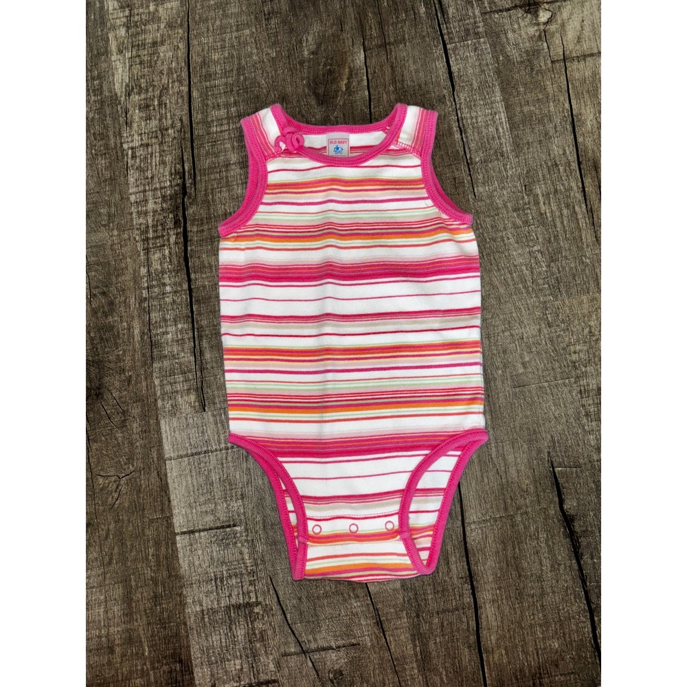 Vintage Y2K Old Navy‎ Baby Pink Orange Striped Sleeveless Bodysuit 18-24M 2005